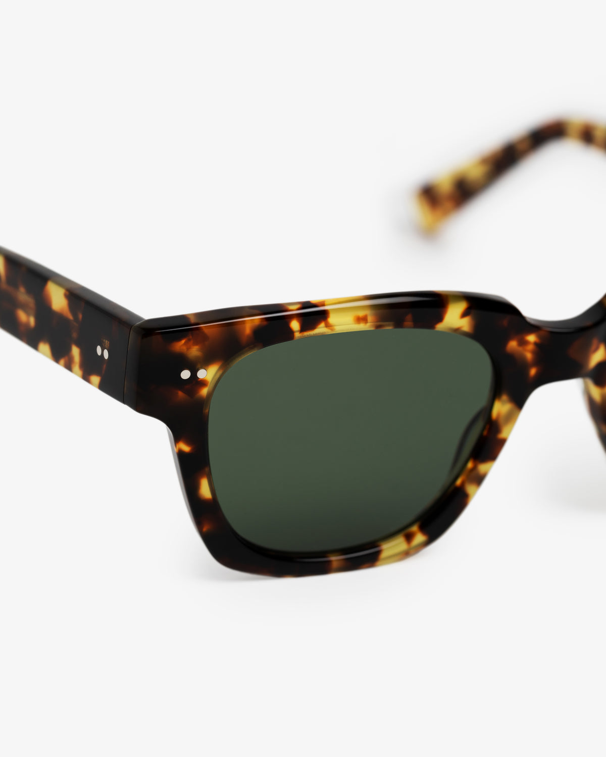 Close-up of Gallo Sunglasses featuring tortoiseshell frames and dark green lenses on a white background.