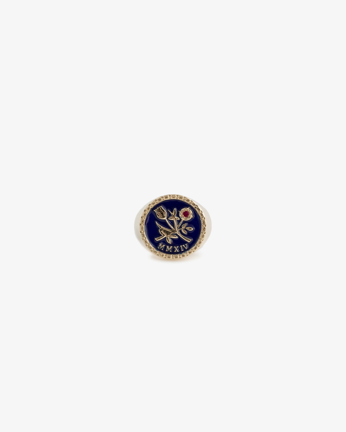 14Kt Queens Crest Ring with blue face, floral design, and MMXIV Roman numerals engraved beneath the design.