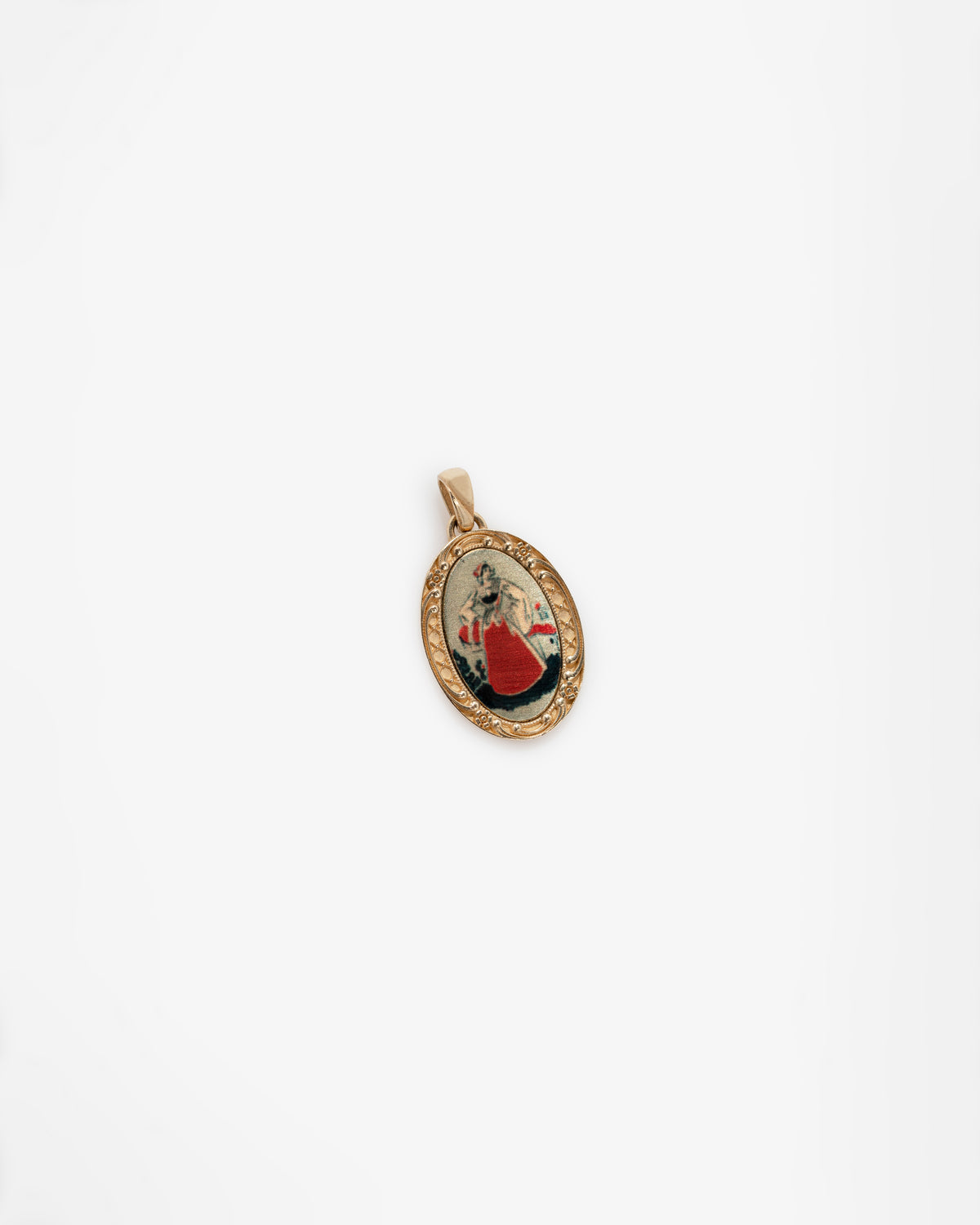 14Kt Gold Pendant featuring a woman in a red dress on a white background, set in an elegant oval design.