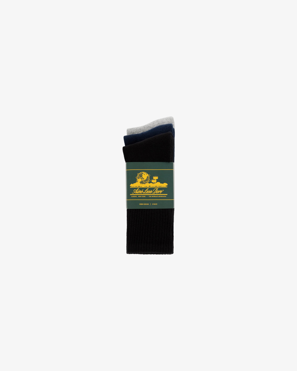 Crew Sock 3-Pack: black, navy, and gray socks folded in green and yellow packaging on a white background.