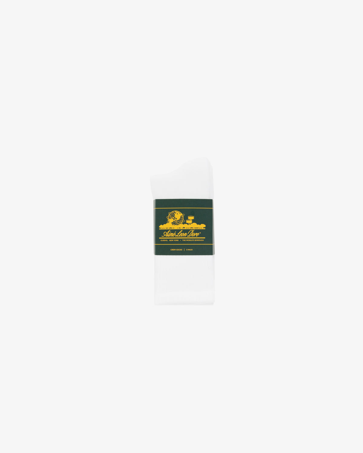 A 3-pack of white crew socks wrapped with a dark green and gold label on a plain white background.