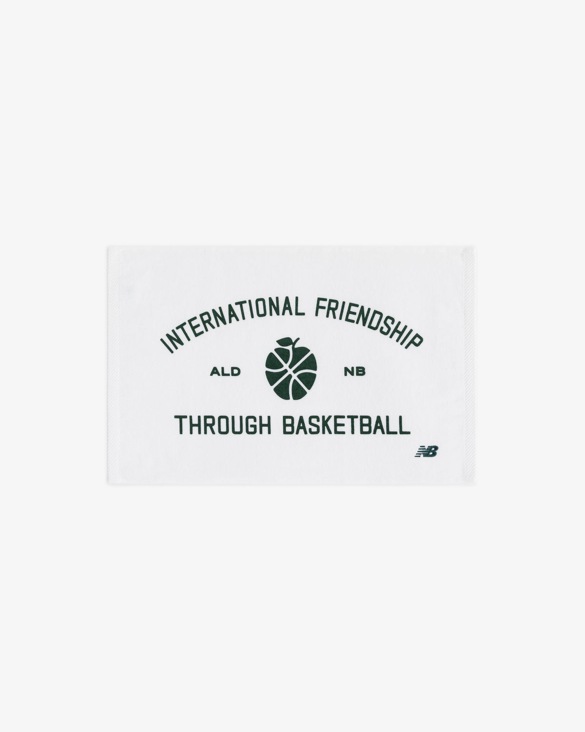 ALD / New Balance SONNY NY Game Towel: white with black "International Friendship Through Basketball" and center graphic.
