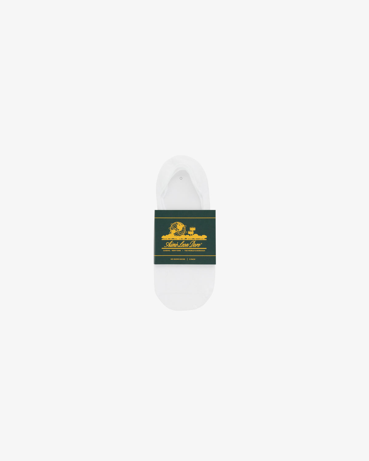 A No-Show Sock 3-Pack in white, each with a green and gold label, displayed on a white background.