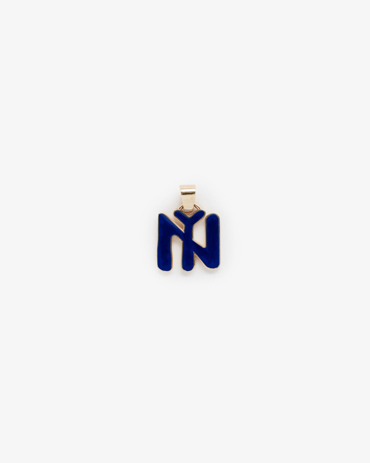 14Kt Gold Pendant with navy blue enamel design shaped like the letter N on a white background.