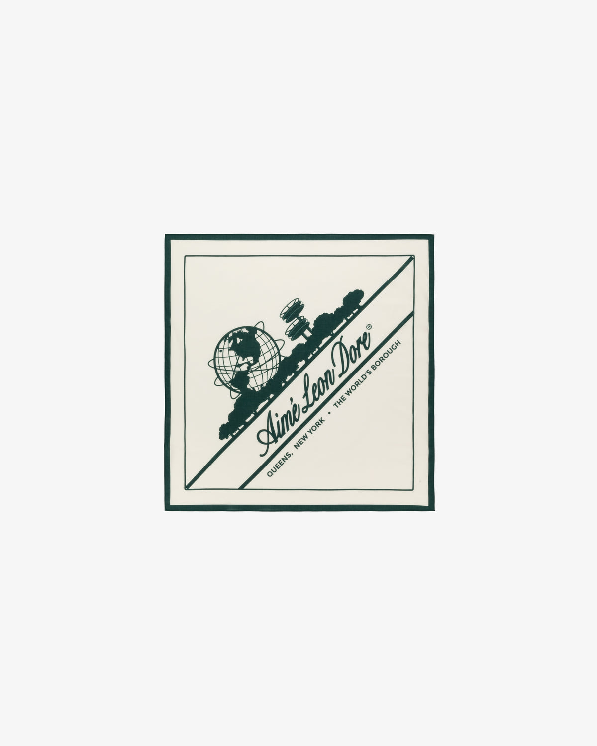 Unisphere Bandana featuring a globe, chess pieces, and Aimé Leon Dore text on cream with a dark green border.