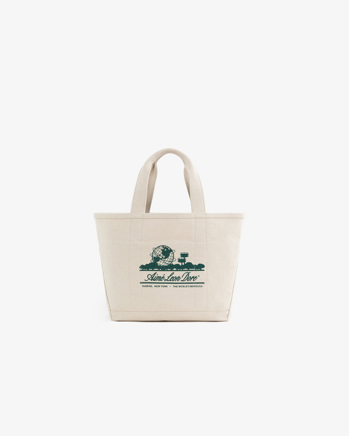 Small Unisphere Tote Bag: Beige canvas, two handles, green vintage-style logo on the front.