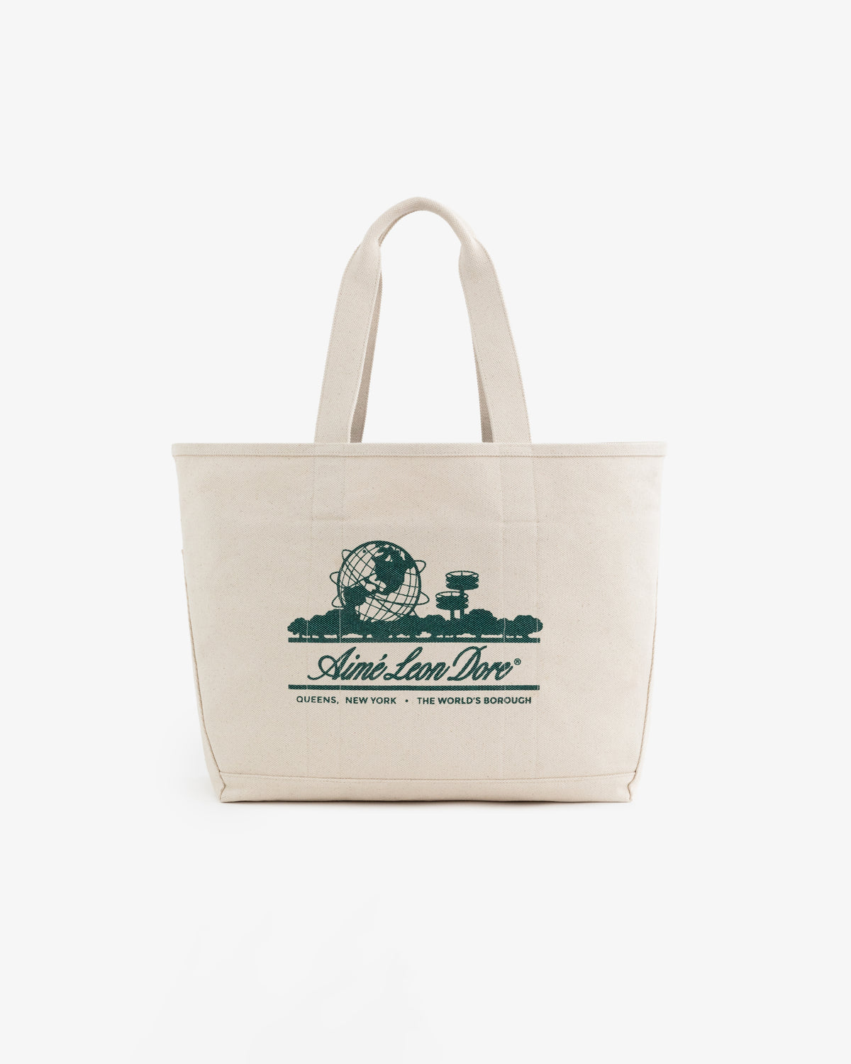 Large Unisphere Tote Bag in beige with green Aimé Leon Dore, Queens, New York graphic text.