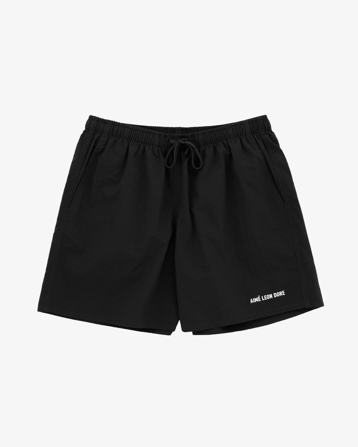 Logo Swim Short in black with side pockets and small white Aimé Leon Dore logo on the front left leg, shown on white.