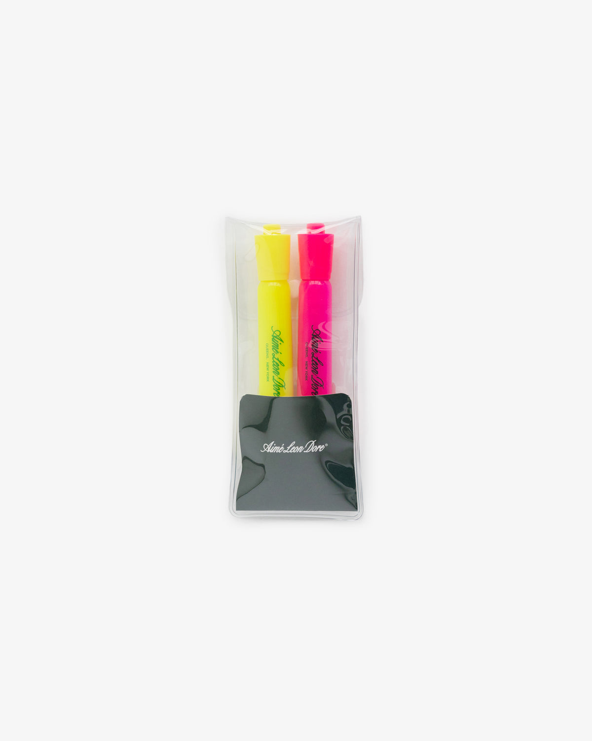 Highlighter 2 Pack: yellow and pink highlighters in a clear case with a black card at the bottom.