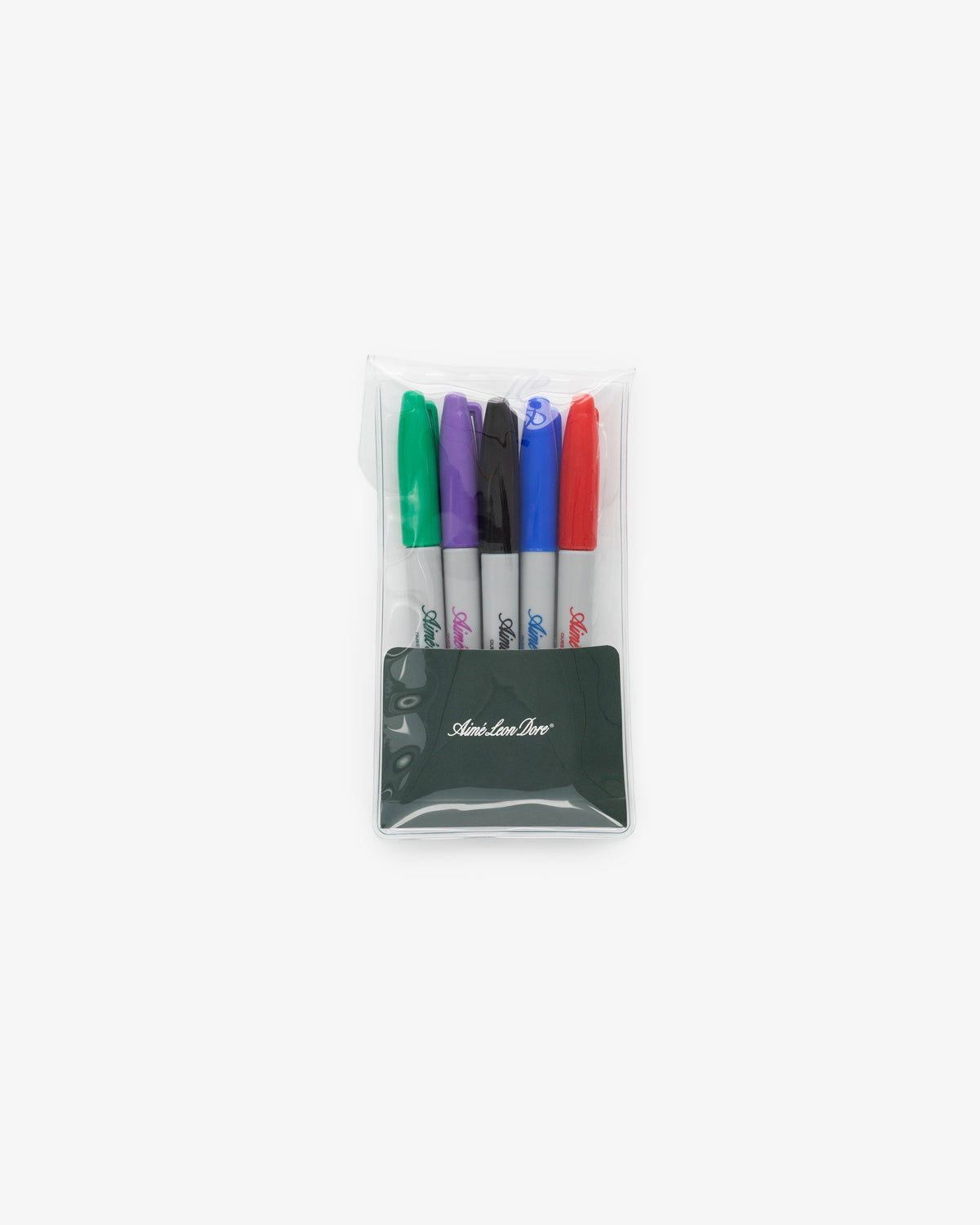 The Sharpie 5 Pack includes green, black, blue, purple, and red markers in a clear pouch with a black card inside.