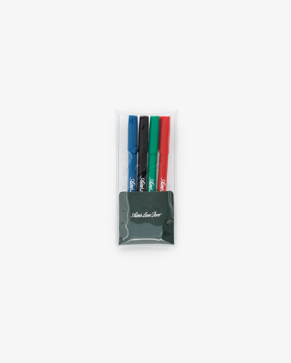 Marker 4 Pack: blue, black, red, and green markers in a clear plastic case on white background.