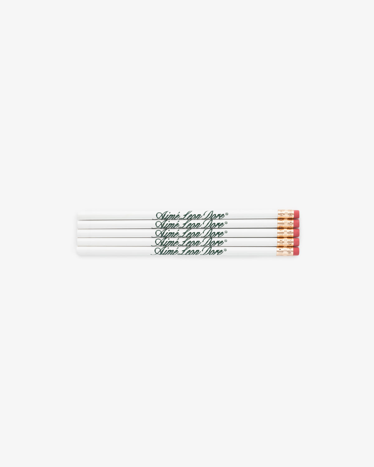 Five white pencils with pink erasers, each printed in cursive with Wine. Love. Wino. (Pencil 5 Pack).