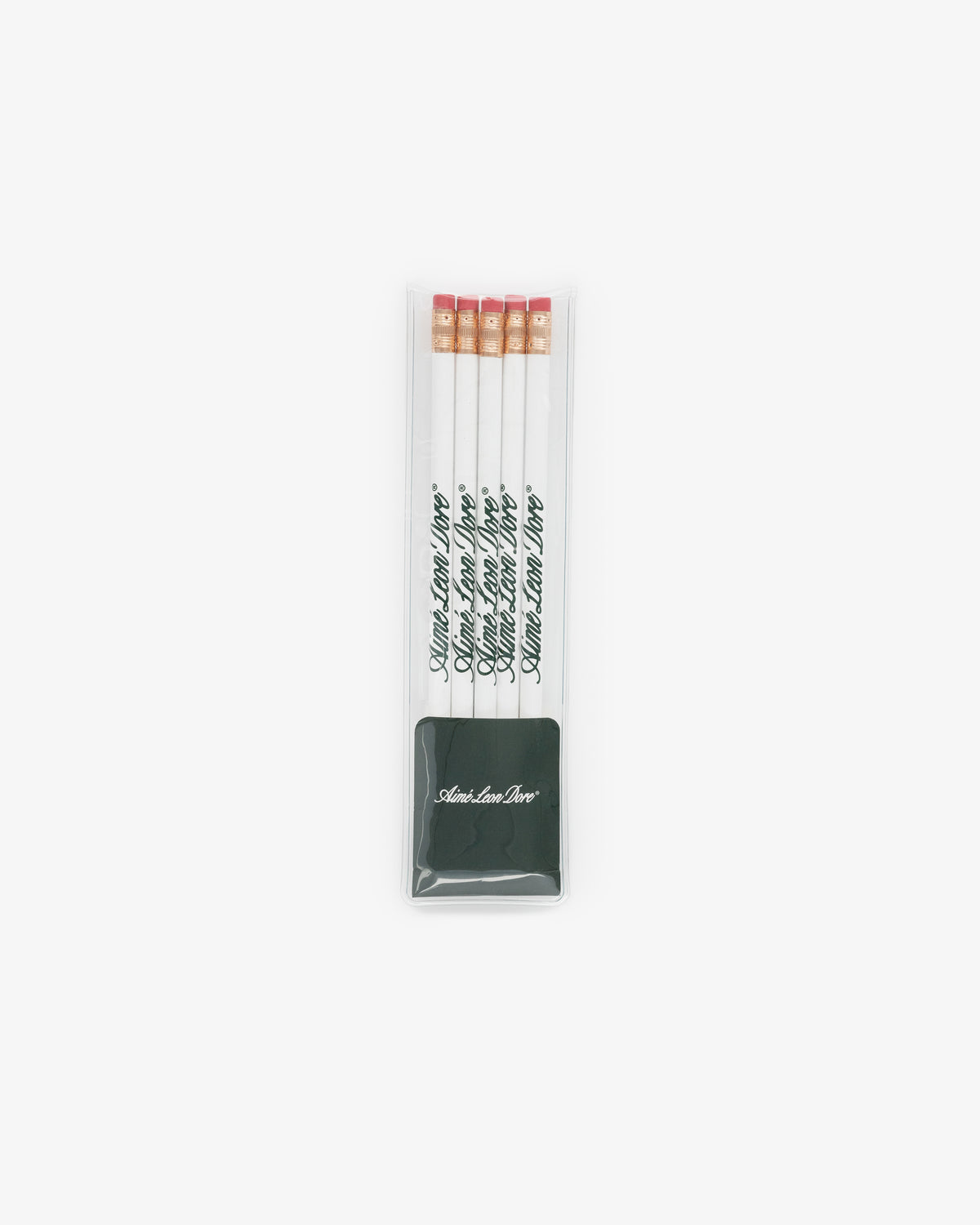A Pencil 5 Pack with white pencils, pink erasers, green writing, above a black rectangular eraser.