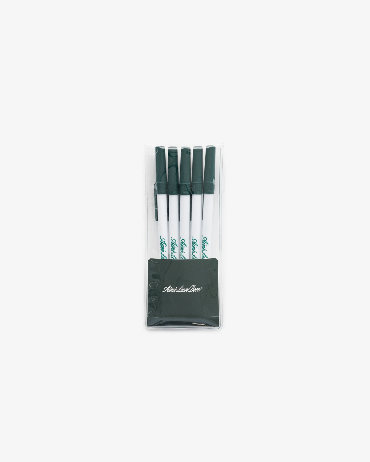 Pen 5 Pack: five white pens with dark green caps and base in a clear pouch, shown on a white background.