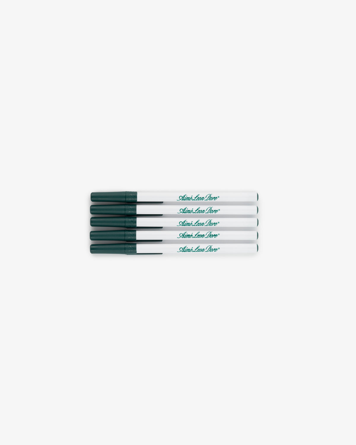 Pen 5 Pack: Five white markers with green caps and text are aligned horizontally on a white background.